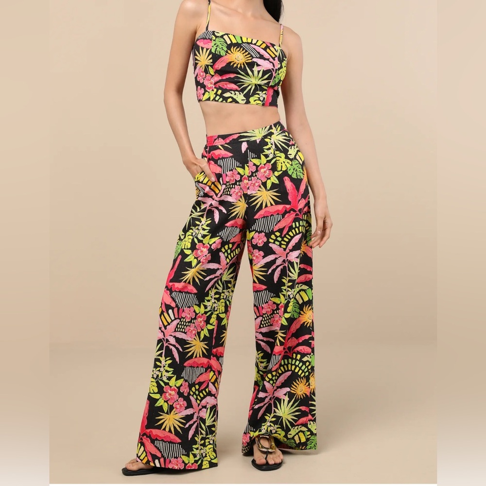 Tropical Print Two-Piece Set Adjustable Cami and Wide Leg Lined Pants w/ Pockets